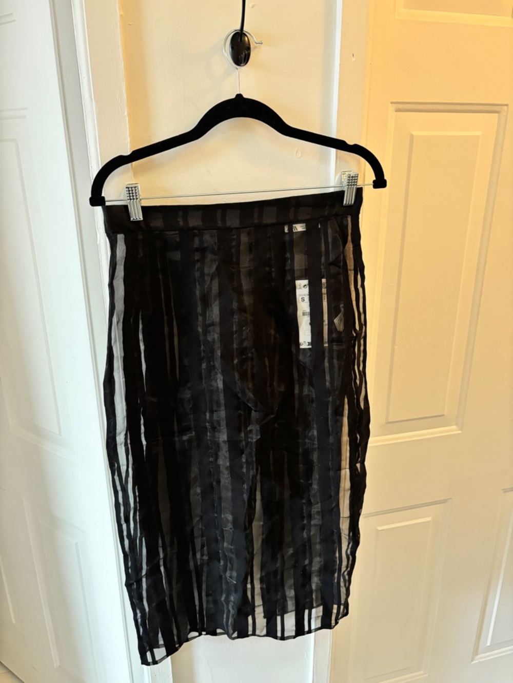 Zara Black Sheer Vertical-Stripe Midi Skirt